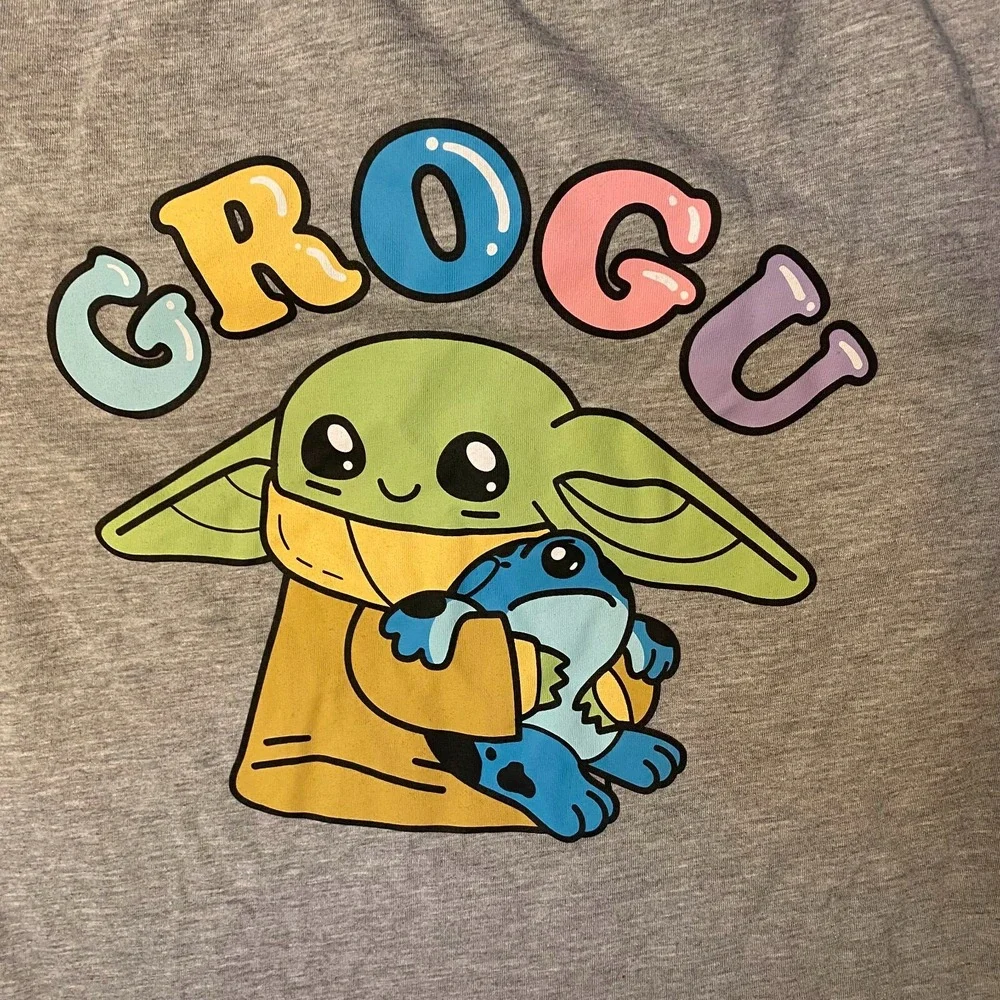 Star Wars Womens‎ Gray The Mandalorian Grogu Cute Frog Cropped T-Shirt Size SM
